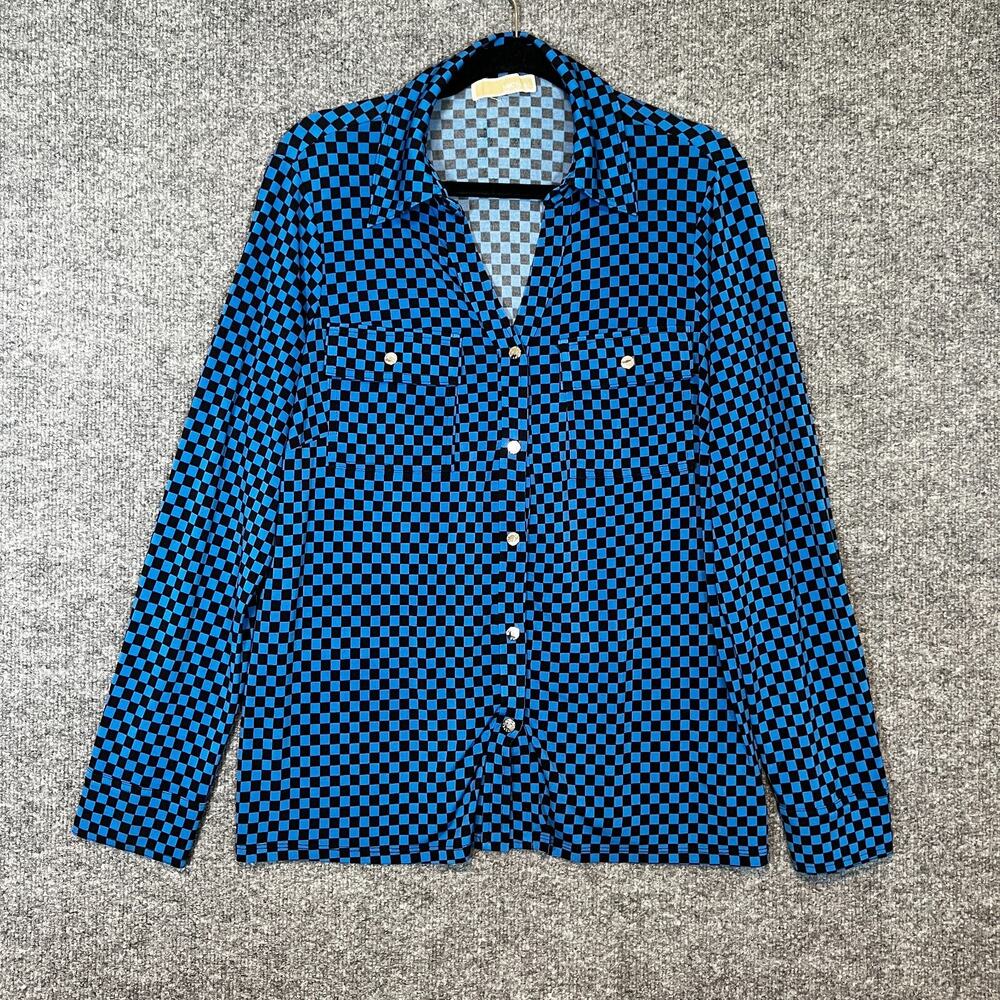 Michael Kors Shirt Womens XL Blue Black Checkered Button‎ Up Stretch Casual